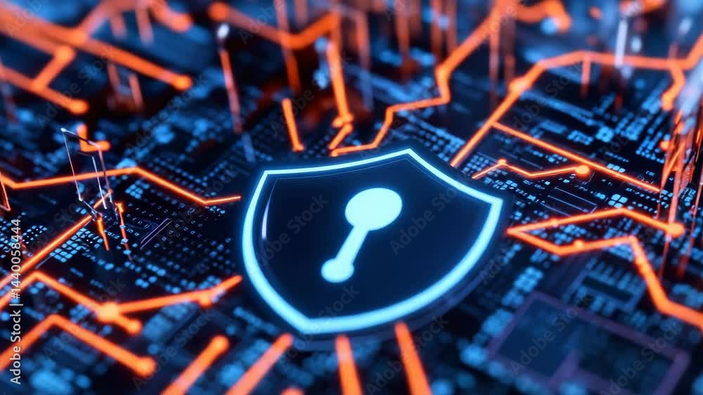 Poster a glowing lock shield icon on a digital circuit board symbolizes cybersecurity and data protection i