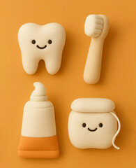 Cute soft plush tooth, toothbrush, toothpaste and floss toys made from matt white fabric. Cute toy for dental care, children’s dentistry, pediatric dentistry, health education, playful dental concept.