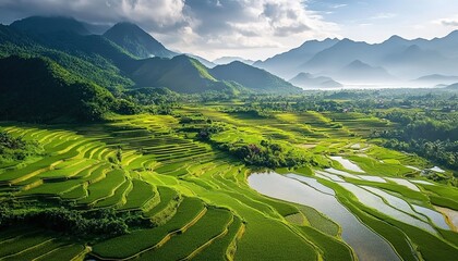 Obraz premium Terraced green rice fields surrounded by mountains and trees under cloudy sky.