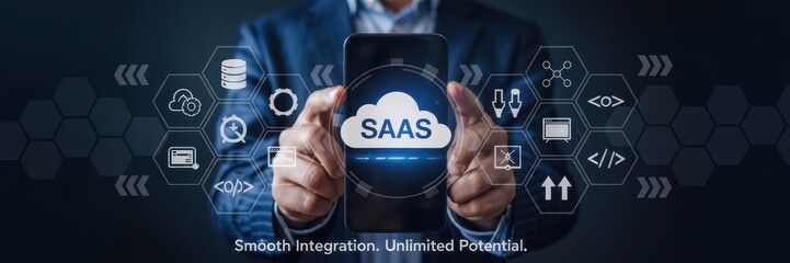 Hands holding a mobile device showcasing saas technology.