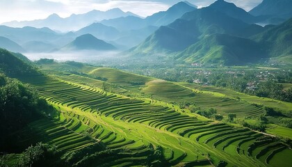 Naklejka premium Terraced green rice fields surrounded by mountains and trees under cloudy sky.