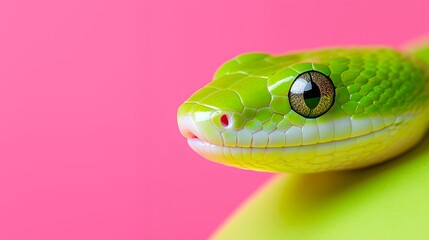 Fototapeta premium Green Snake Close Up with Pink Background Reptile Nature Wildlife