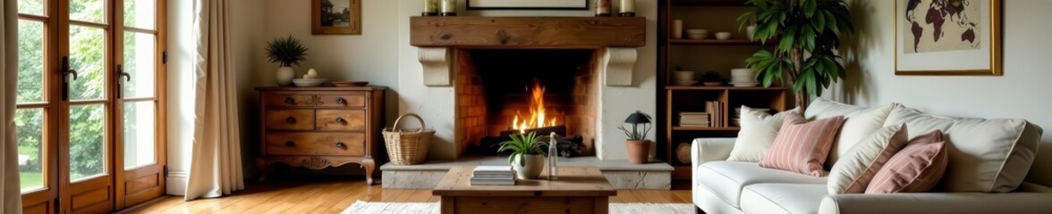 Charming living room in a french country style with antiqued furniture and a rustic fireplace, vintage, home design, rustic