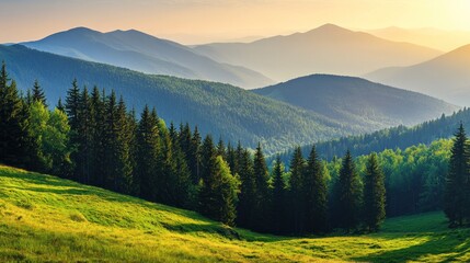 Rolling Green Hills and Mountain Range Landscape in Morning Light