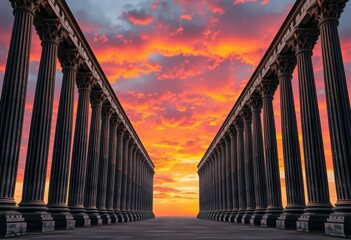 Charred cathedral columns frame a fiery sky; vast, empty space dominates, shadow, texture
