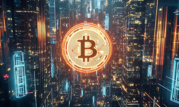 Bitcoin glowing in a futuristic digital world, symbolizing cryptocurrency, blockchain, and modern finance technology.