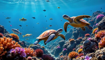 underwater scene turtles swimming among coral and marine life, surrounded by a colorful underwater environment with soft, flowing lines.