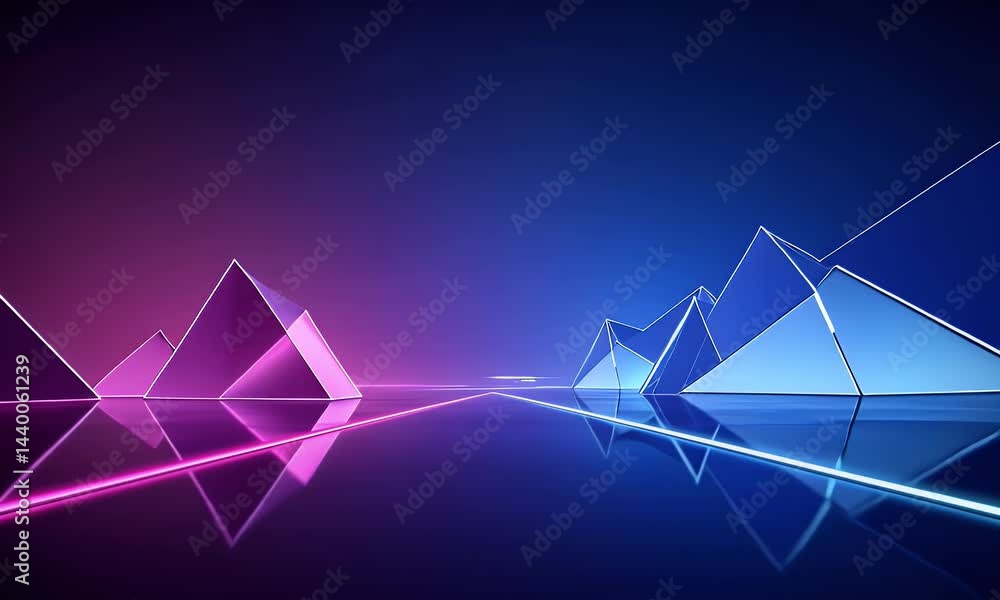 Poster a futuristic background with neon blue and purple triangles on the left, creating an abstract design