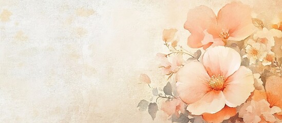 Watercolor painting of peach-orange flowers and buds on a light beige textured background.