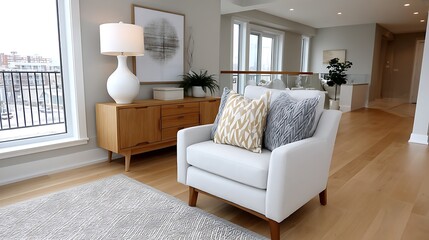 Modern Living Room Interior Design Comfortable White Armchair Wooden Cabinet and Stylish Decor