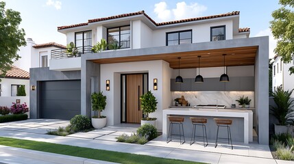 Fototapeta premium Modern Two Story House Exterior with Outdoor Kitchen and Landscaping
