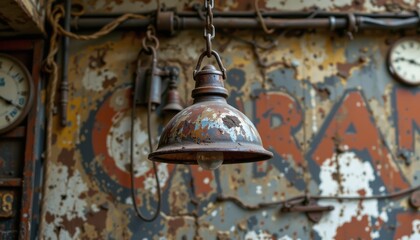 Fototapeta premium industrial a rustic, metal pendant with a rough finish, suspended from a chain against a gritty urban backdrop.