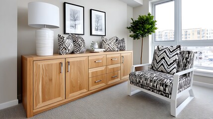 Modern Living Room Interior Design Oak Cabinet Stylish Chair and Decor Accents