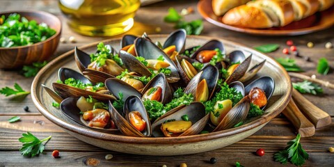 Steamed mussels on a plate with garlic butter and parsley, savory, aromatic