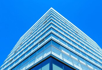 Obraz premium Clean lines of a contemporary building rise against a brilliant blue sky; ample negative space, glass, skyscraper