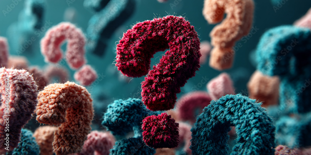 Poster fuzzy question marks in teal, red, and peach hues float against a dark teal background, symbolizing 