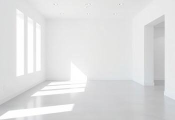 Clean white walls, light gray floors Minimalist interior design background, bright, minimal