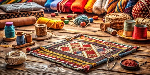 Fototapeta premium A woven rug sits atop a wooden table cluttered with various threads and sewing needles, creating an eclectic and cozy atmosphere, organized clutter, textiles