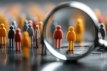 The management figure is surrounded by a variety of staff members in the magnifying glass. Generative Ai