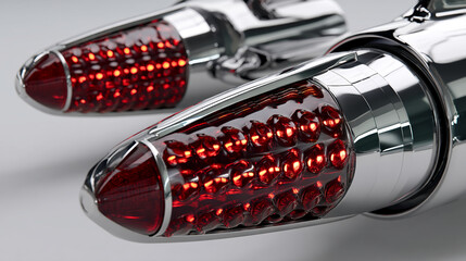 Close-up of chrome and red LED taillights, showcasing a sleek, vintage-inspired design, representative of classic car aesthetics and automotive detailing