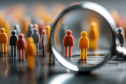 The management figure is surrounded by a variety of staff members in the magnifying glass. Generative Ai