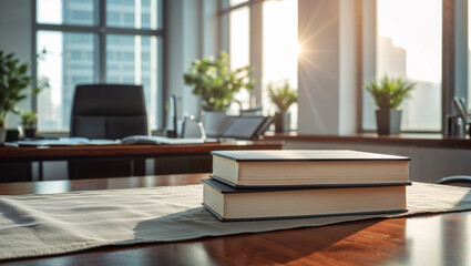 Fototapeta premium Two stacked books on a wooden desk in a bright office bathed in sunlight.