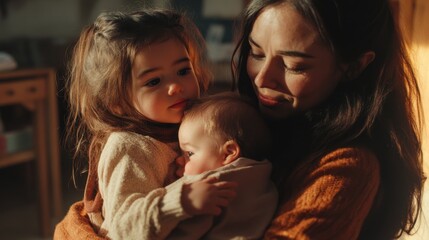 Tender moment: Mother and daughters sharing a loving embrace, bathed in sunlight