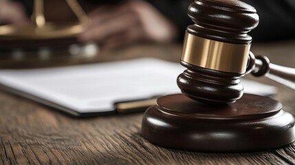 Gavel on Wooden Desk with Legal Documents and Scales