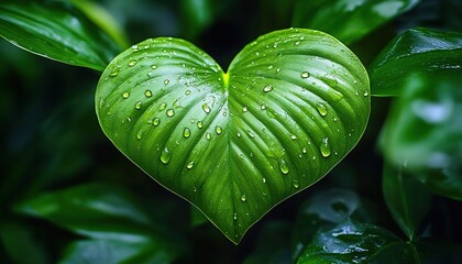 Obraz premium A heart-shaped green leaf with water droplets surrounded by other green leaves on a dark background.