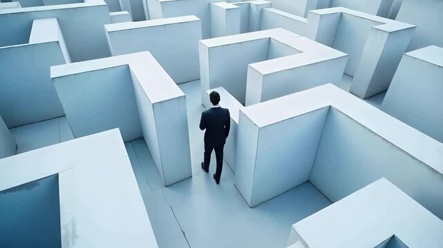 Working through business problems or difficulties in business represented by a businessman in a concrete maze