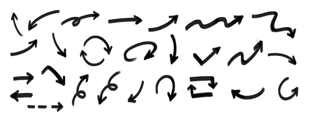 Arrow crayon brush doodle chalk line stroke. Sketch pencil texture line scribble arrow icon. Hand drawn grunge crayon brush sketch direction element set. 