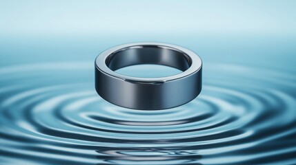 High-tech ring hovering mid-air, one half sleek titanium with microchip engravings, the other half rippling water texture frozen in time