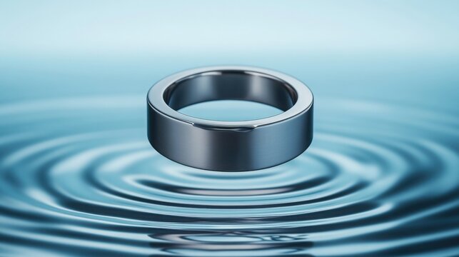 High-tech ring hovering mid-air, one half sleek titanium with microchip engravings, the other half rippling water texture frozen in time
