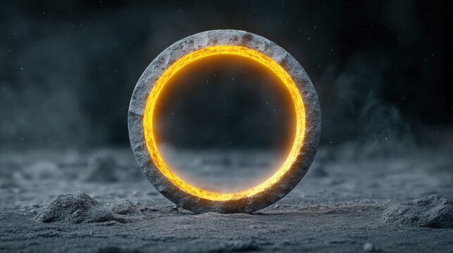 Hovering circular ring, one side glowing with warm sunlight textures, the other with cool moonrock details and craters