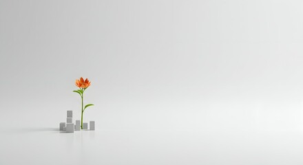 Minimalist Orange Flower Emerging from Grey Cubes A Symbol of Growth and Resilience