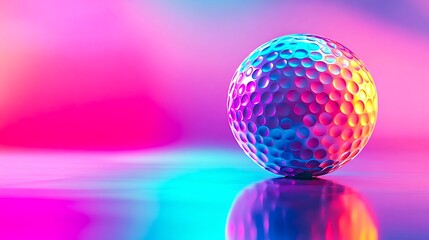 Colorful golf ball with neon lights and reflections on glossy surface in vibrant abstract background

