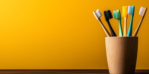 various toothbrushes in various colors are placed on the left side of the image, flat blue background, there is a lot of copy space on the right side of the image