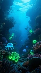 Underwater Scene with Glowing Jellyfish and Coral Reefs