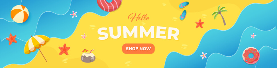 Summer web banner tropical beach vibes yellow background with beach decoration 