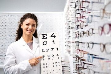 Professional optician or ophthalmologist holding eye chart board in optic store. In background...