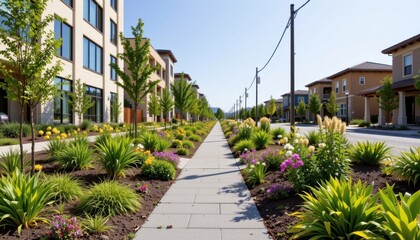 eco friendly urban design an urban streetscape with a pathway made from recycled materials, integrated with bioswales and urban plantings.