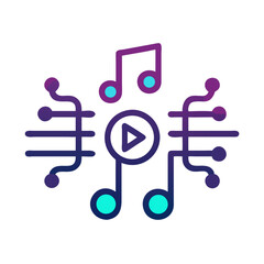 Digital Music Technology Concept: Music Notes with Play Button and Circuit Board