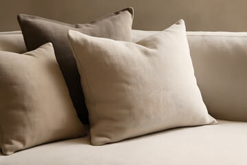 close-up of three linen cushions in natural tones on a light sofa