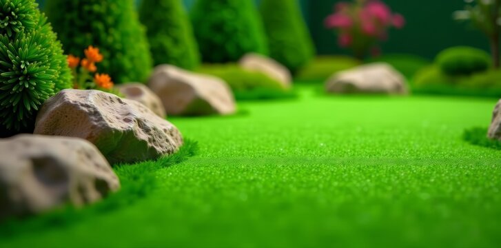 Close up of artificial grass and rocks on mini golf course, texture, play, competition
