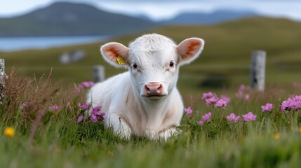 Obraz premium A fluffy white calf rests amongst wildflowers