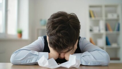 Schoolboy burying face in hands after frustration at desk indoors

