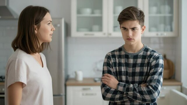 Mother scolding defiant teenage son crossing arms in kitchen

