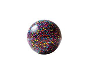 A colorful spherical artwork with a speckled design. The sphere showcases a vibrant array of colors arranged in a speckled pattern, creating a captivating visual effect