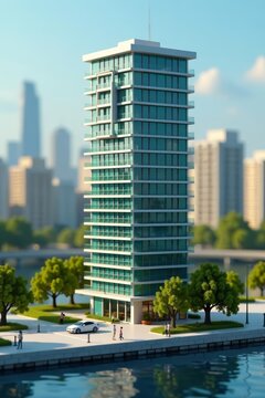 Close-up of a small realistic model of a contemporary office tower, model making, property, high-rise
