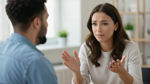 Woman pleading urgently with man shaking head against indoor background

